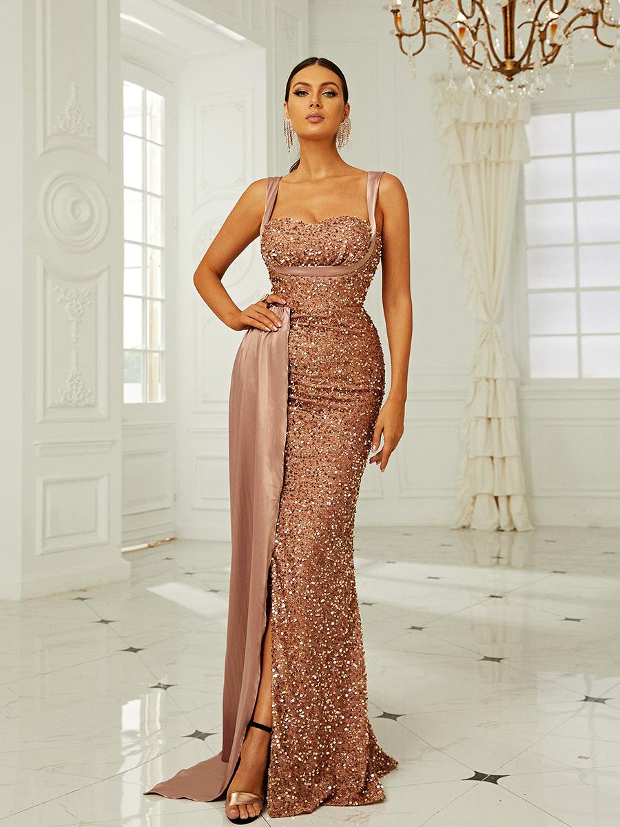 Ribbon Corset Sequin Maxi Prom Dress