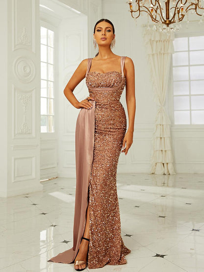 Ribbon Corset Sequin Maxi Prom Dress