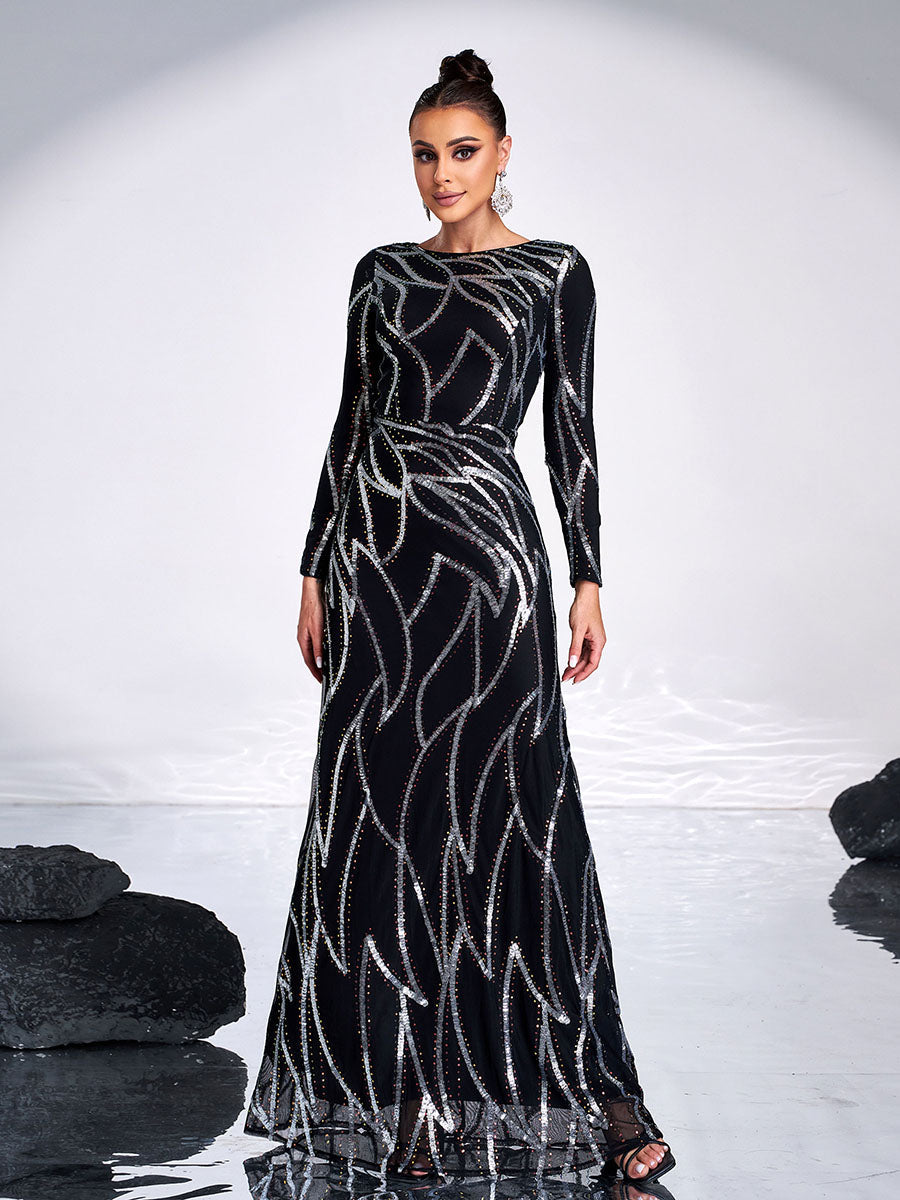 A-Line Long Sleeve Sequin Black Dress