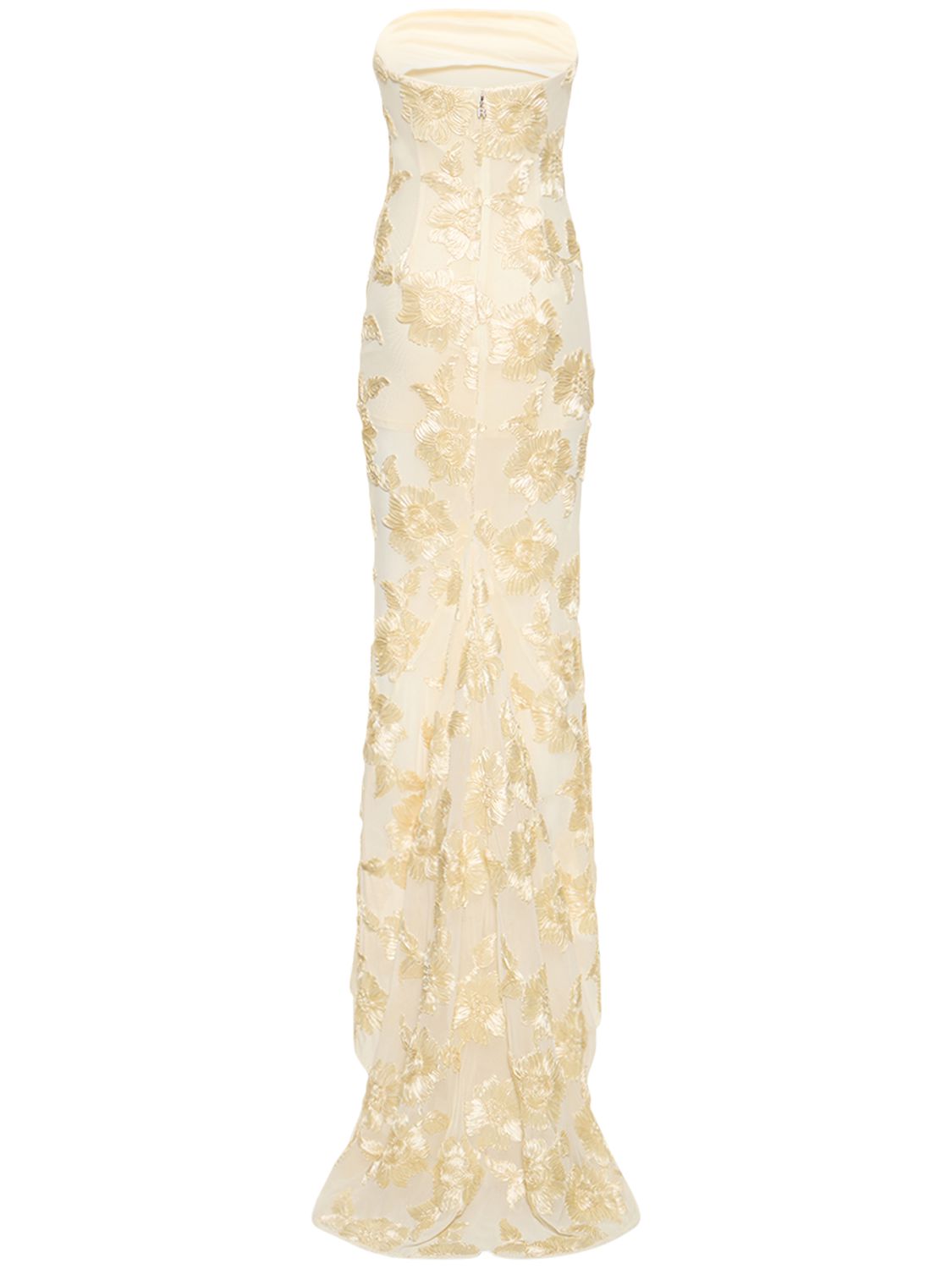 EMBROIDERED STRAPLESS GOWN IN APRICOT