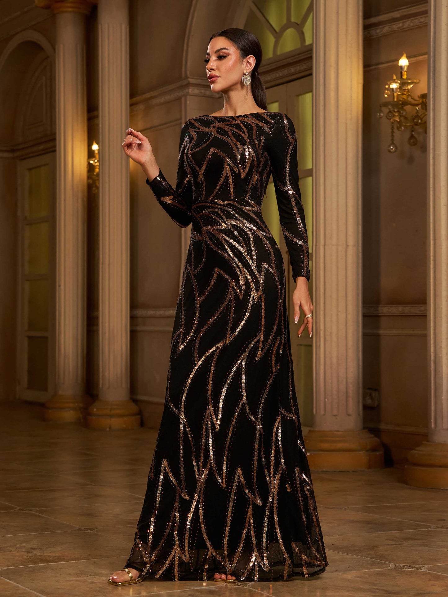 Aライン ロングスリーブ スパンコール ブラック ドレス