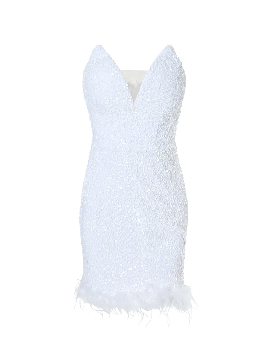 Sleeveless Feather White Mini Dress
