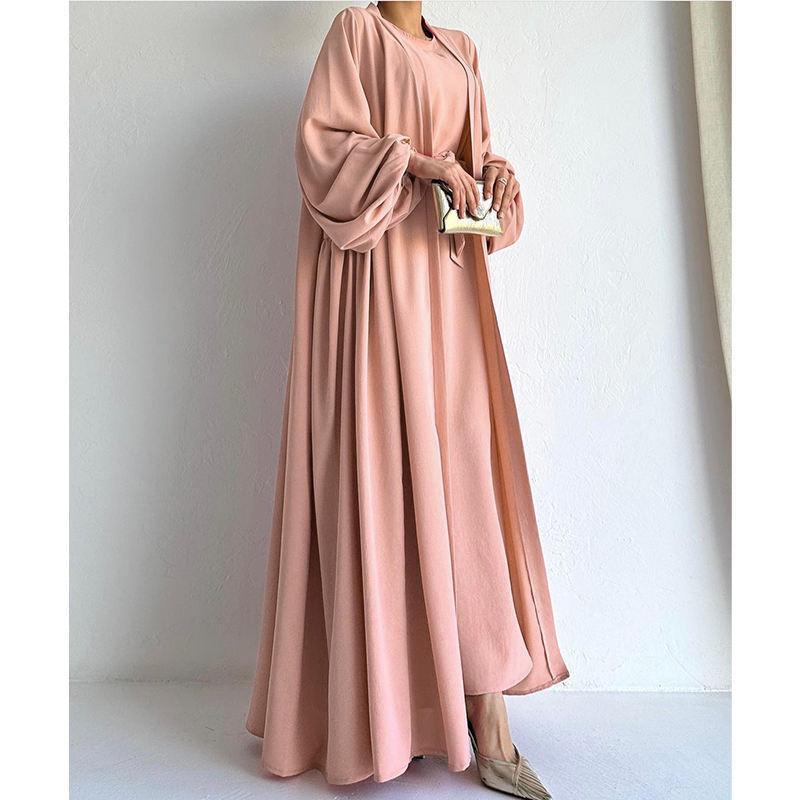 Two Pieces Set Nidha Open Abaya with Bubble Sleeves and Inner Dress