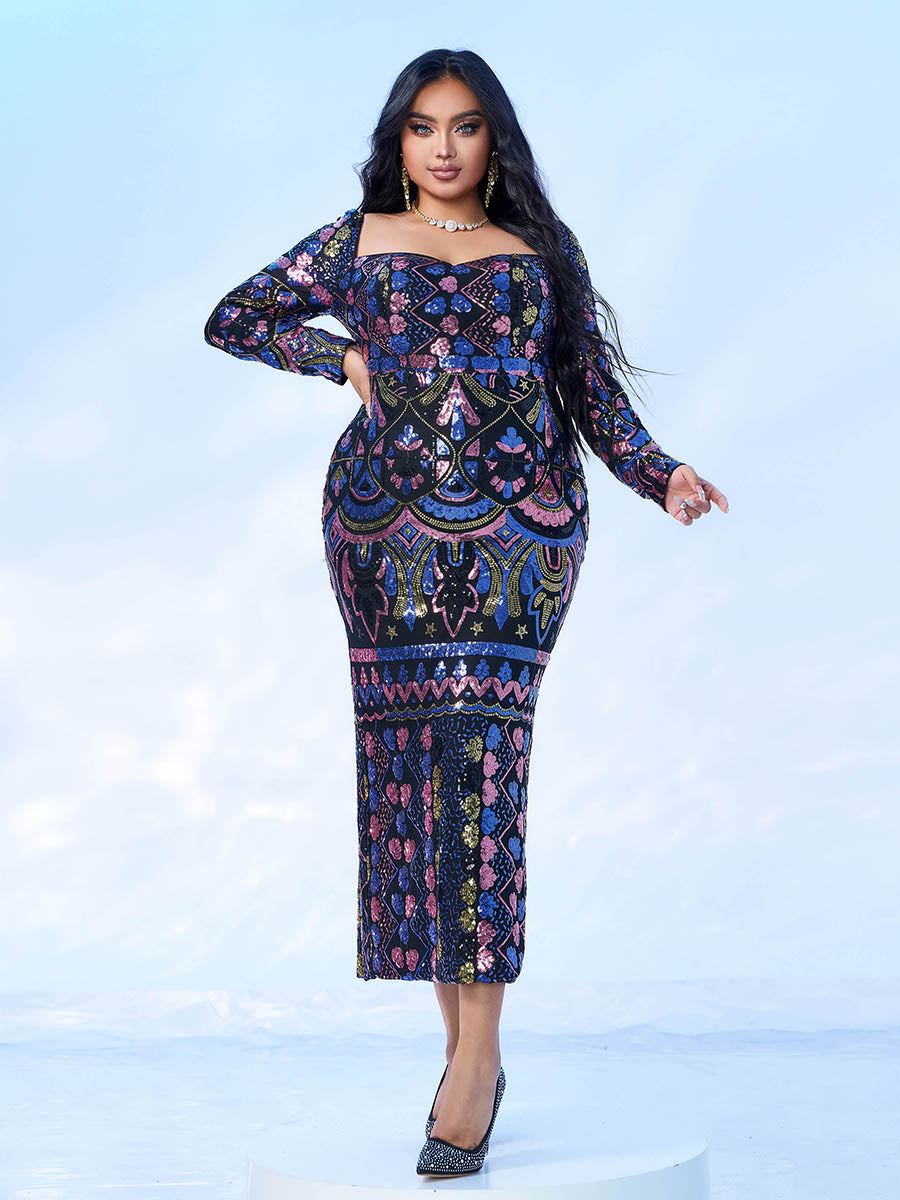 Square Neck Long Sleeve Split Sequin Dress