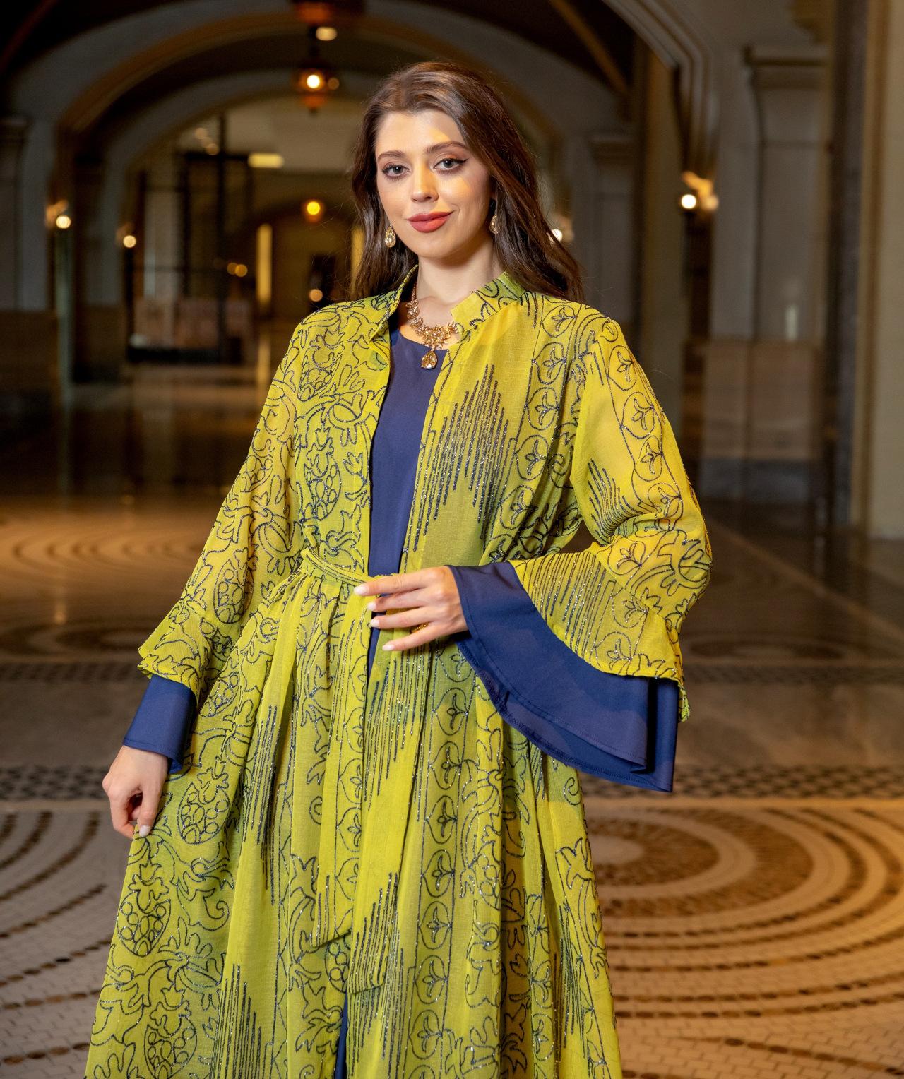 2 Pcs Suit Middle East Evening Dress Cross-border Muslim Lady Lotus Leaf Sleeve New Dress Abaya Robe