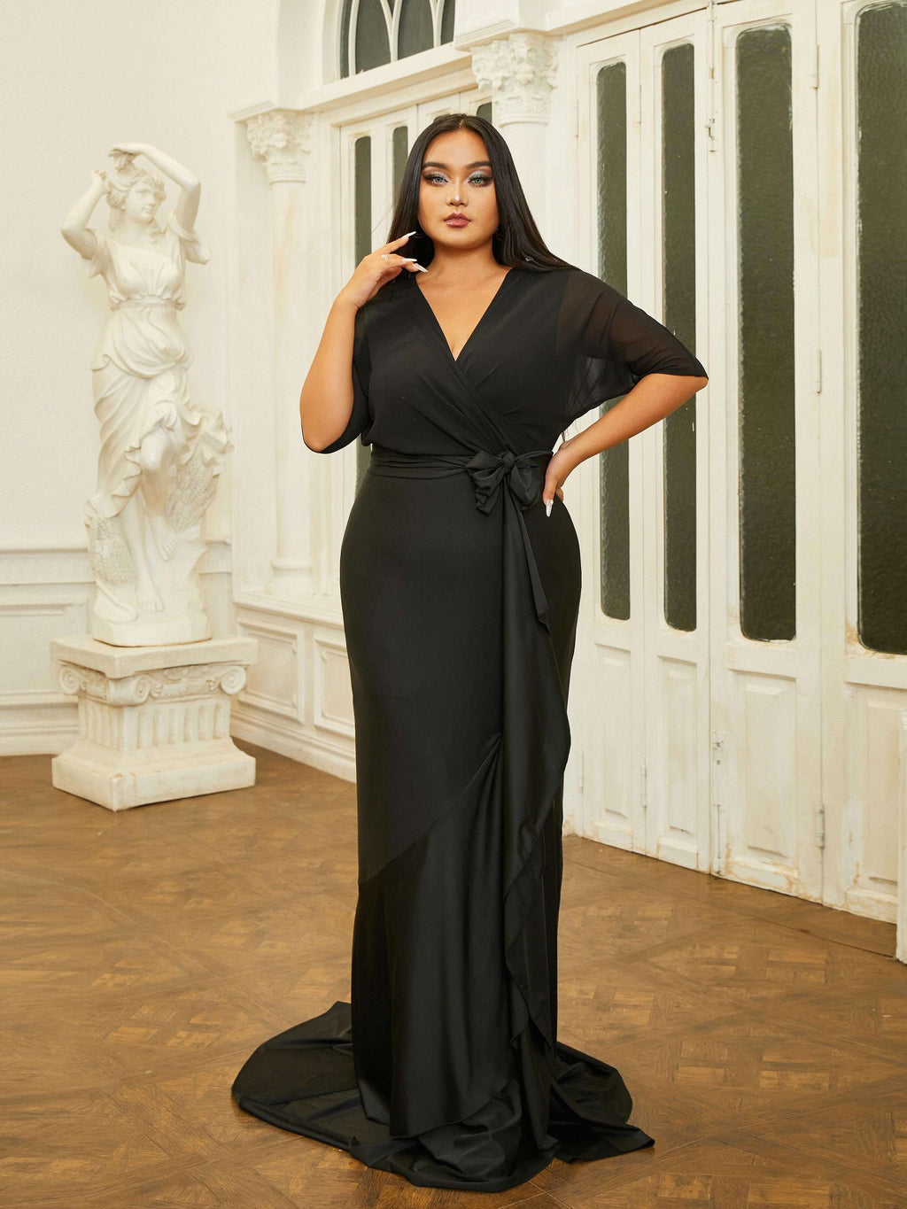 Plus Size Bow Knot V-neck Mermaid Prom Dress