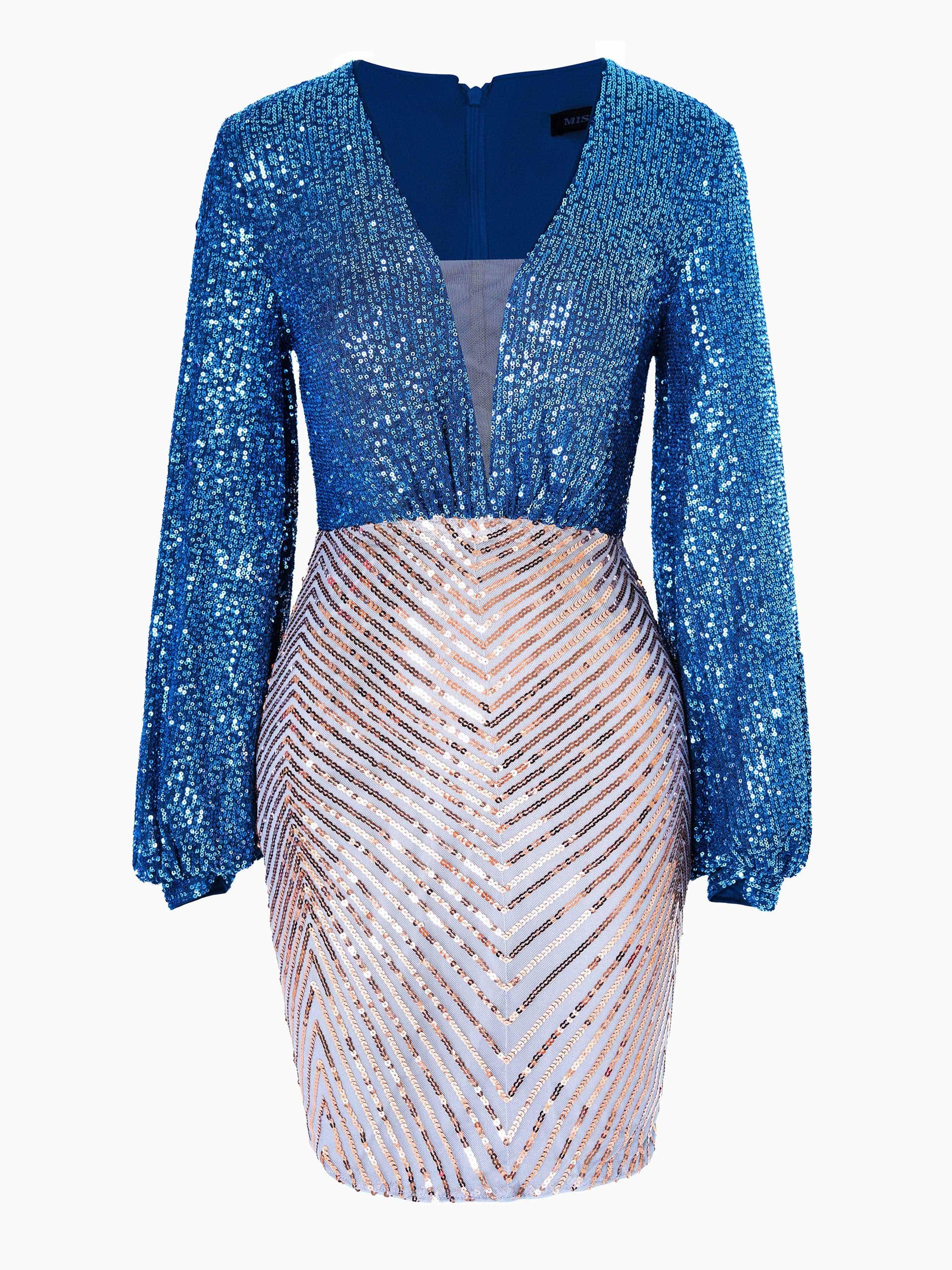 Deep V-Neck Sequin Blue Mini Dress