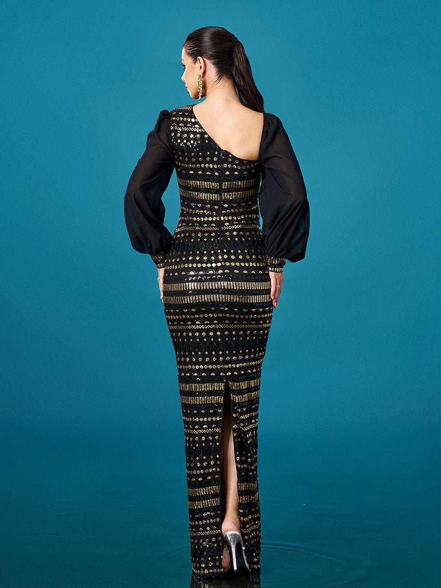 Black Long Sleeve Cutout Sheath Sequin Dress