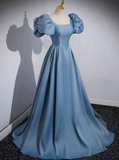 A-Line Satin Blue Long Prom Dress