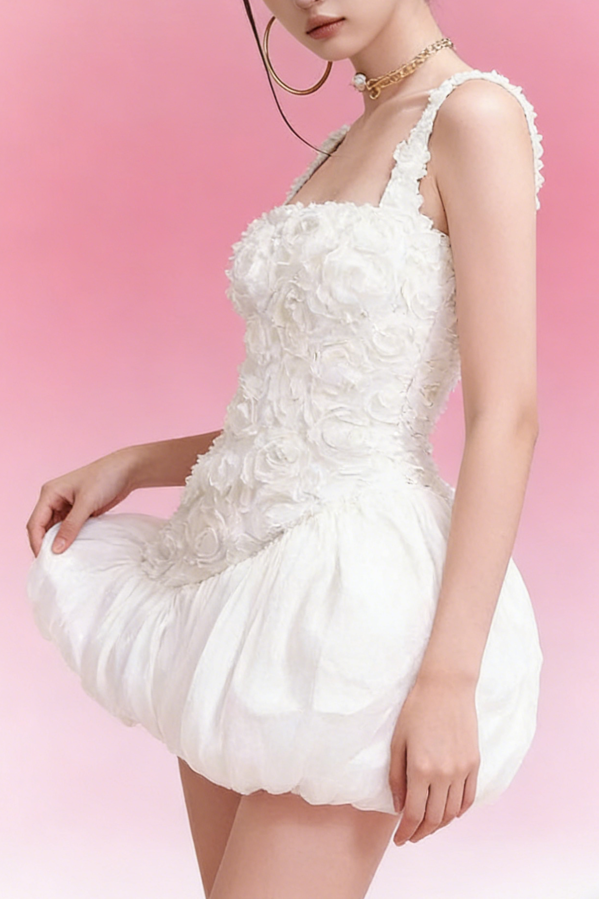 jocelyn flower embellished puffy mini dress in white