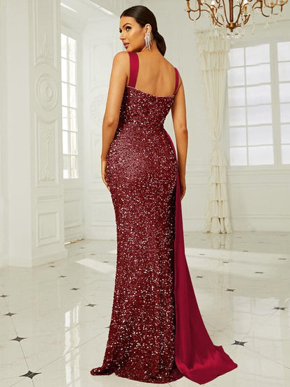 Ribbon Corset Sequin Maxi Prom Dress