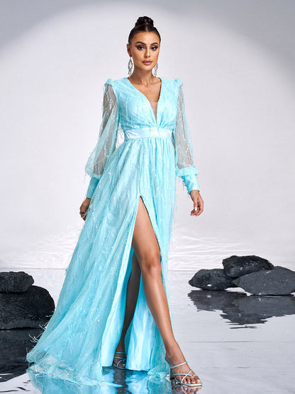 Sequin Fringed Bowknot Prom Dress