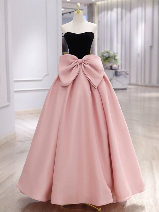 A-Line Neck Satin Velvet Pink Dress