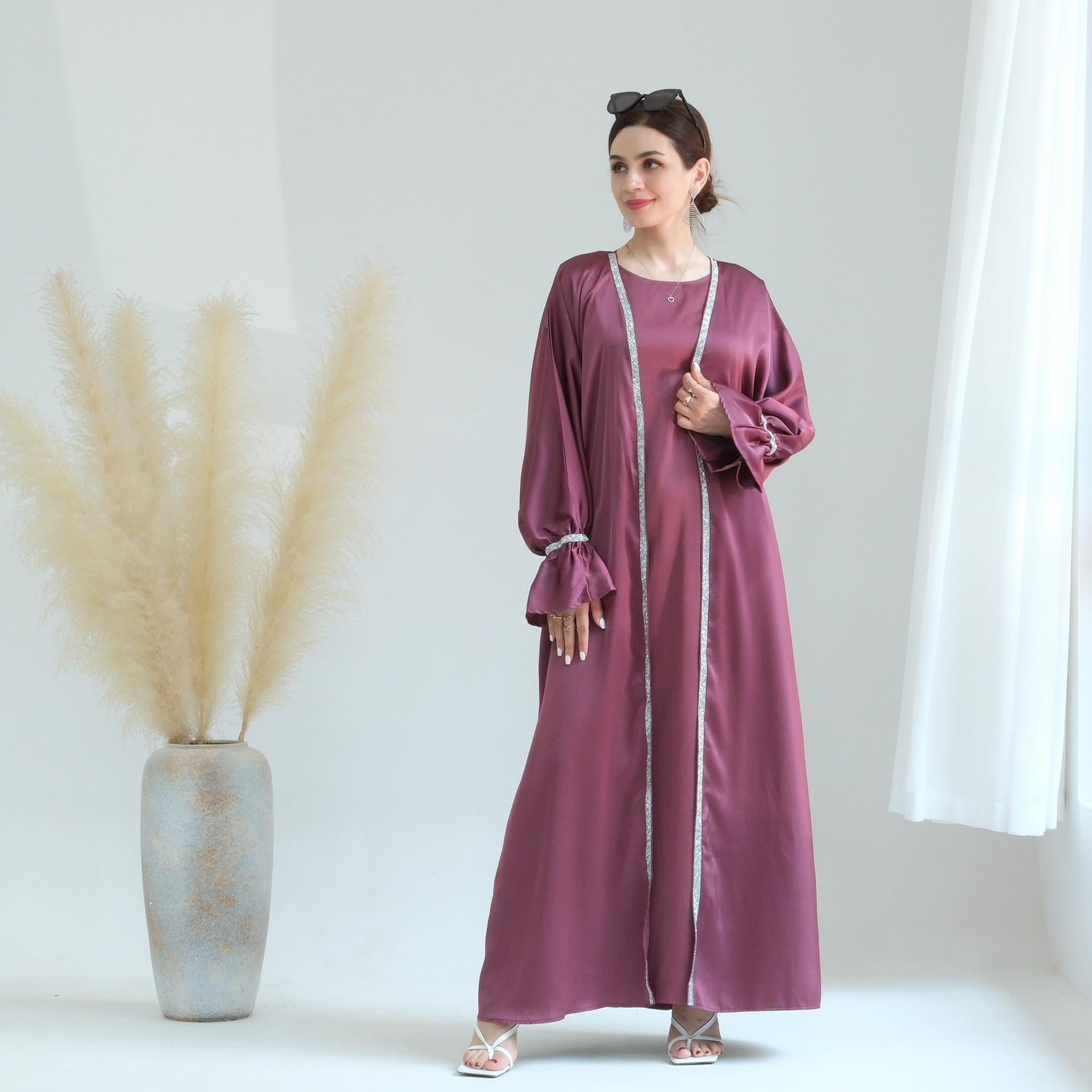 Beaded Trumpet Sleeve Robe and Sleeveless Skirt with Inside Two-piece Suit