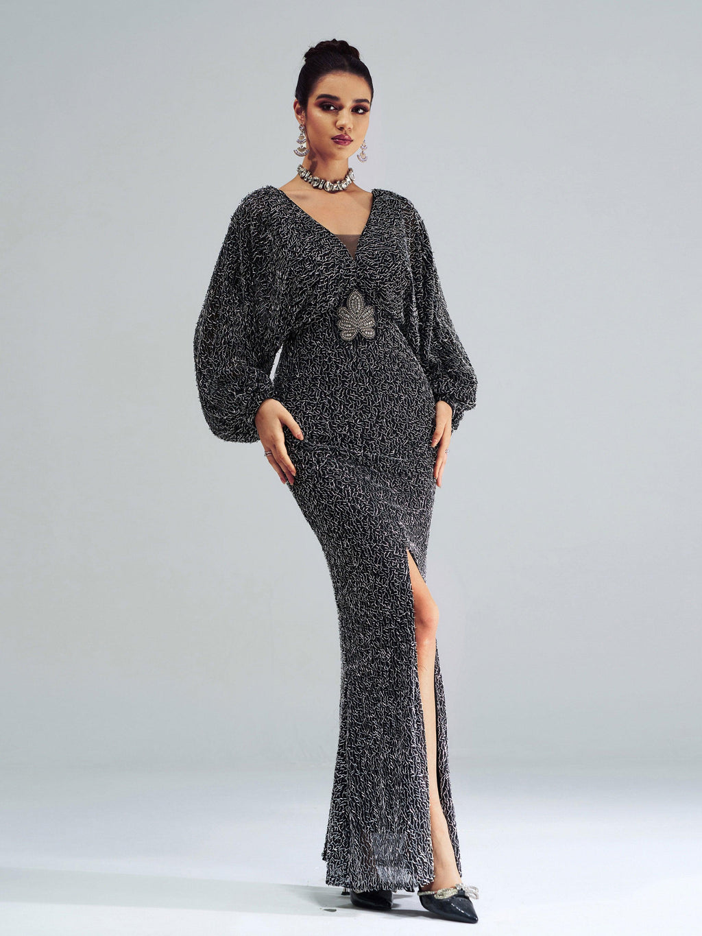 V-Neck Backless Split Sequin Maxi Dress