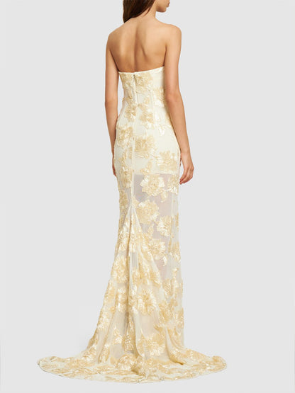 EMBROIDERED STRAPLESS GOWN IN APRICOT