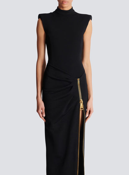 black Sleeveless Zipper high Slit Elastic jersey maxi Dress
