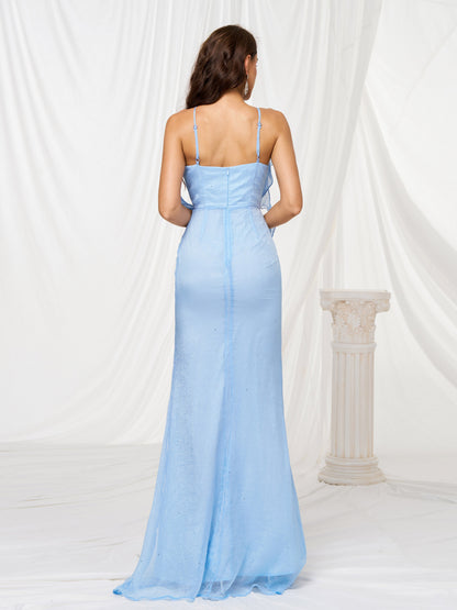 Halter Appliqued Mermaid Blue Tulle Dress