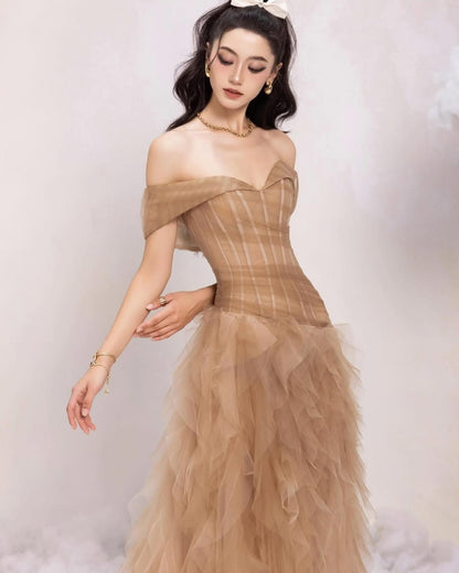 tulle tube top with rippling pattern maxi dress in Khaki