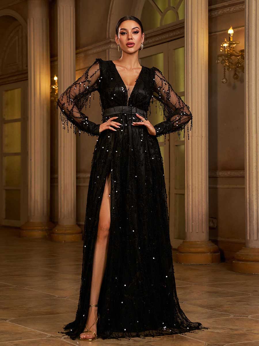 Sequin Fringed Bowknot Prom Dress