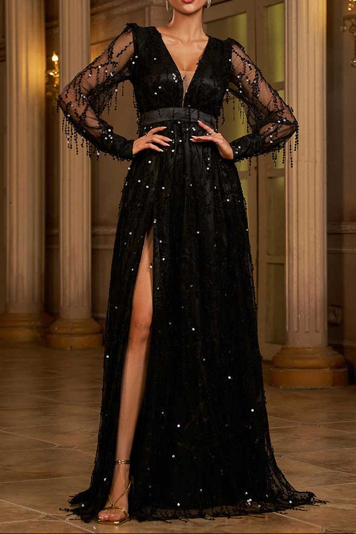 Sequin Fringed Bowknot Prom Dress