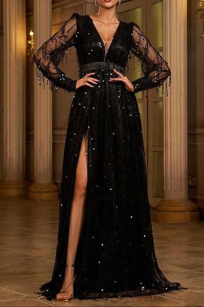 Sequin Fringed Bowknot Prom Dress