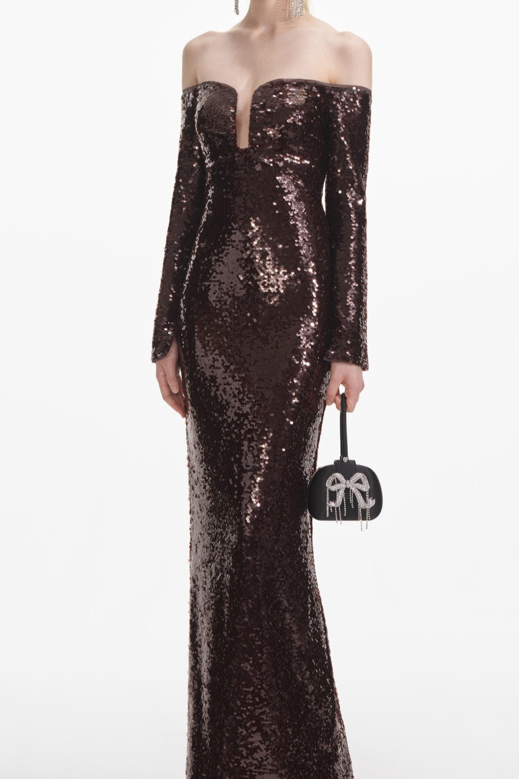 long sleeve sequin maxi dress in brown