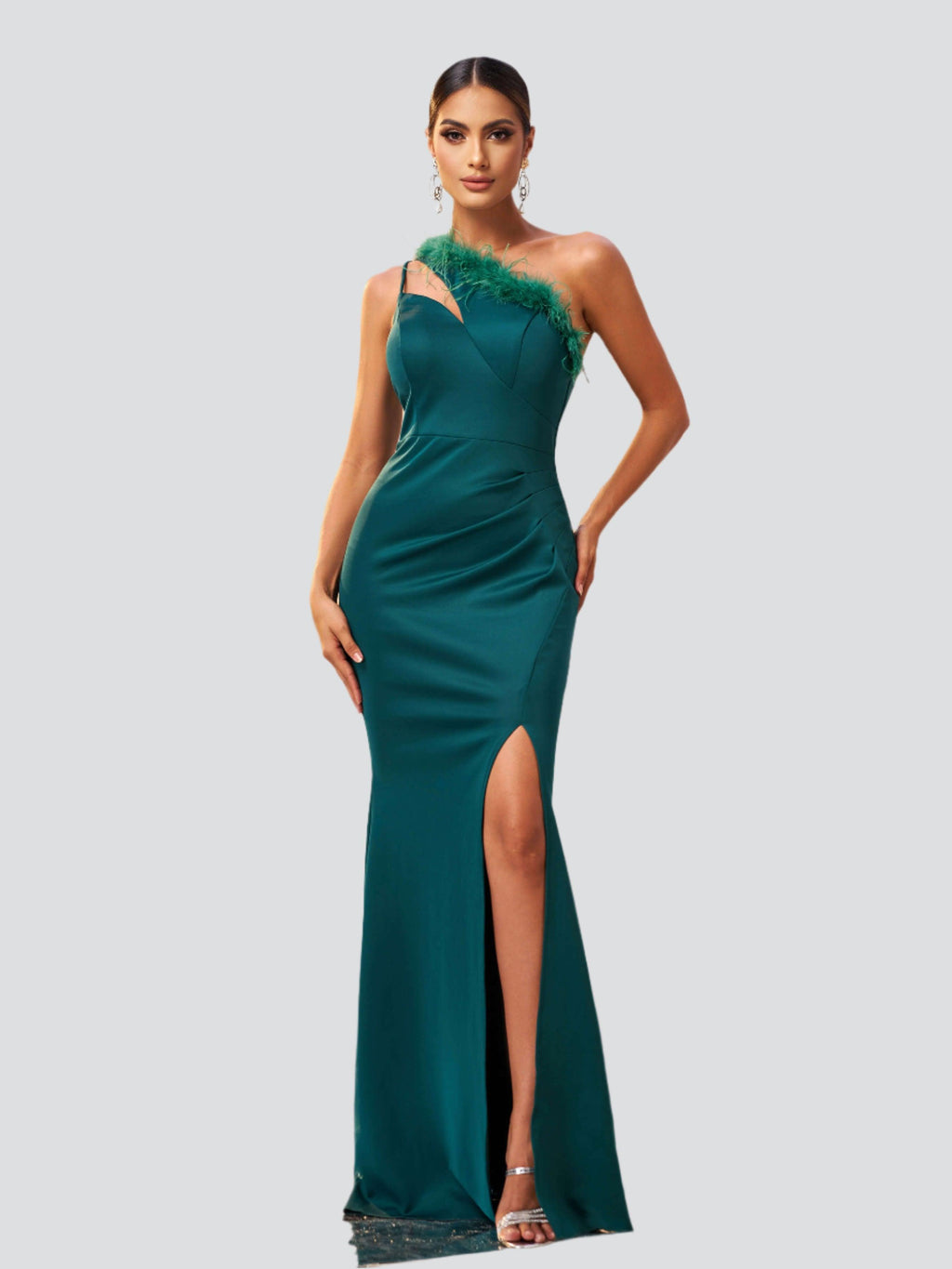 One Shoulder Feather Cutout Formal Dress
