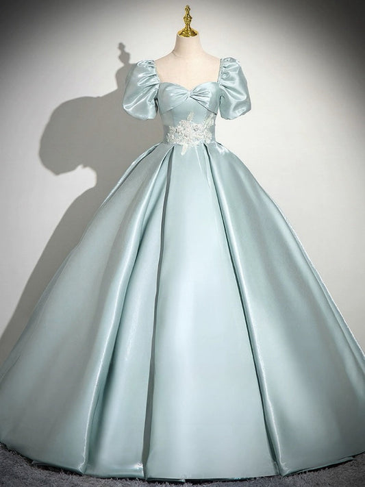 A-Line Sweetheart Neck Puff Sleeves Satin Blue Dress