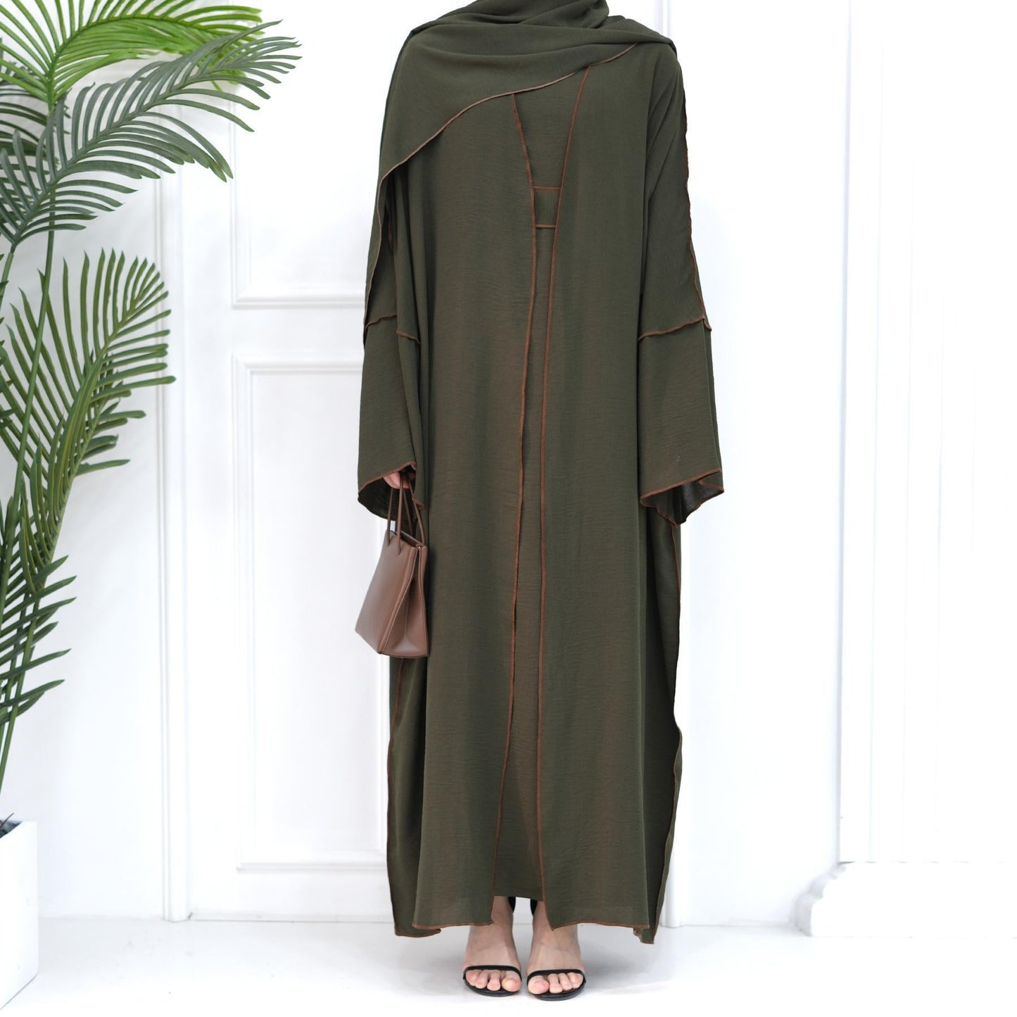 Set 3 pezzi Cardigan + abito interno senza maniche + hijab