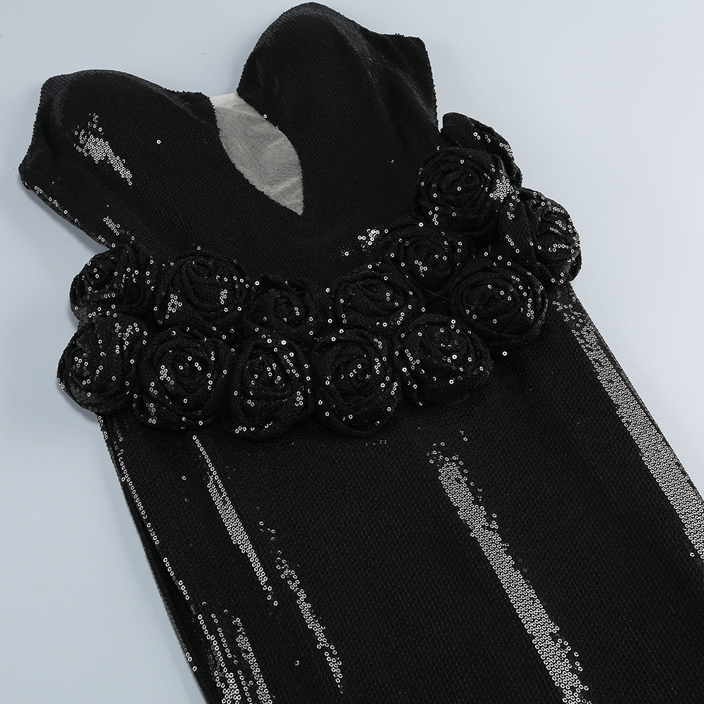 abito lungo da ballo con paillettes e spalle scoperte Vivien in nero