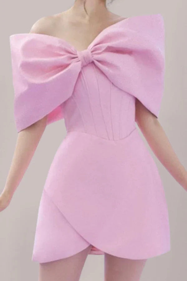 PINK OFF SHOULDER BOW CORSET MINI DRESS