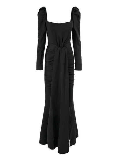Puff Long Sleeve Split Black Mermaid Prom Dress