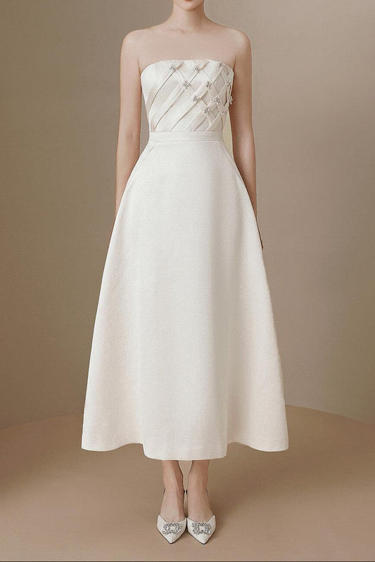 ストラップレスストレートアクロスネックポリエステルミディドレス