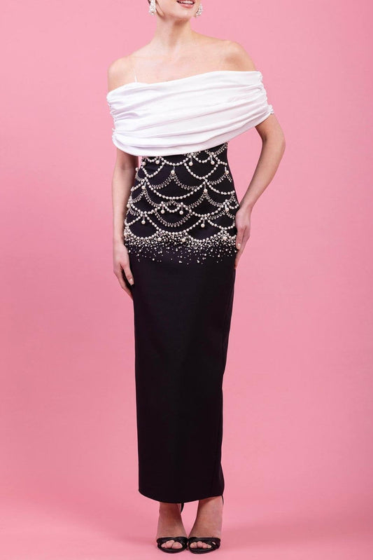 teresa beading rhinestone strapless midi dress in black