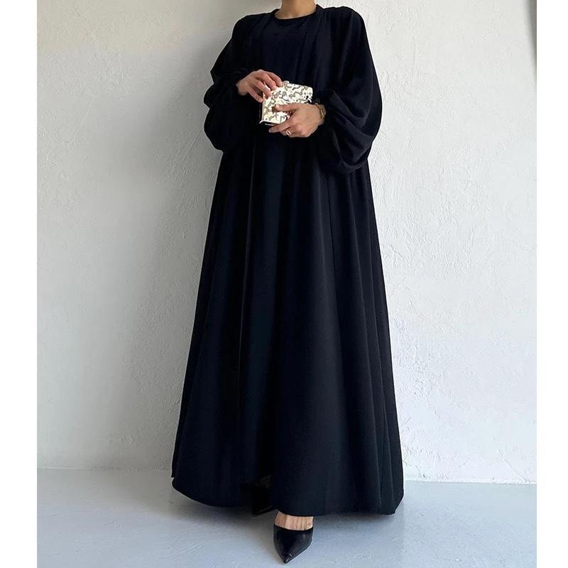 Two Pieces Set Nidha Open Abaya with Bubble Sleeves and Inner Dress