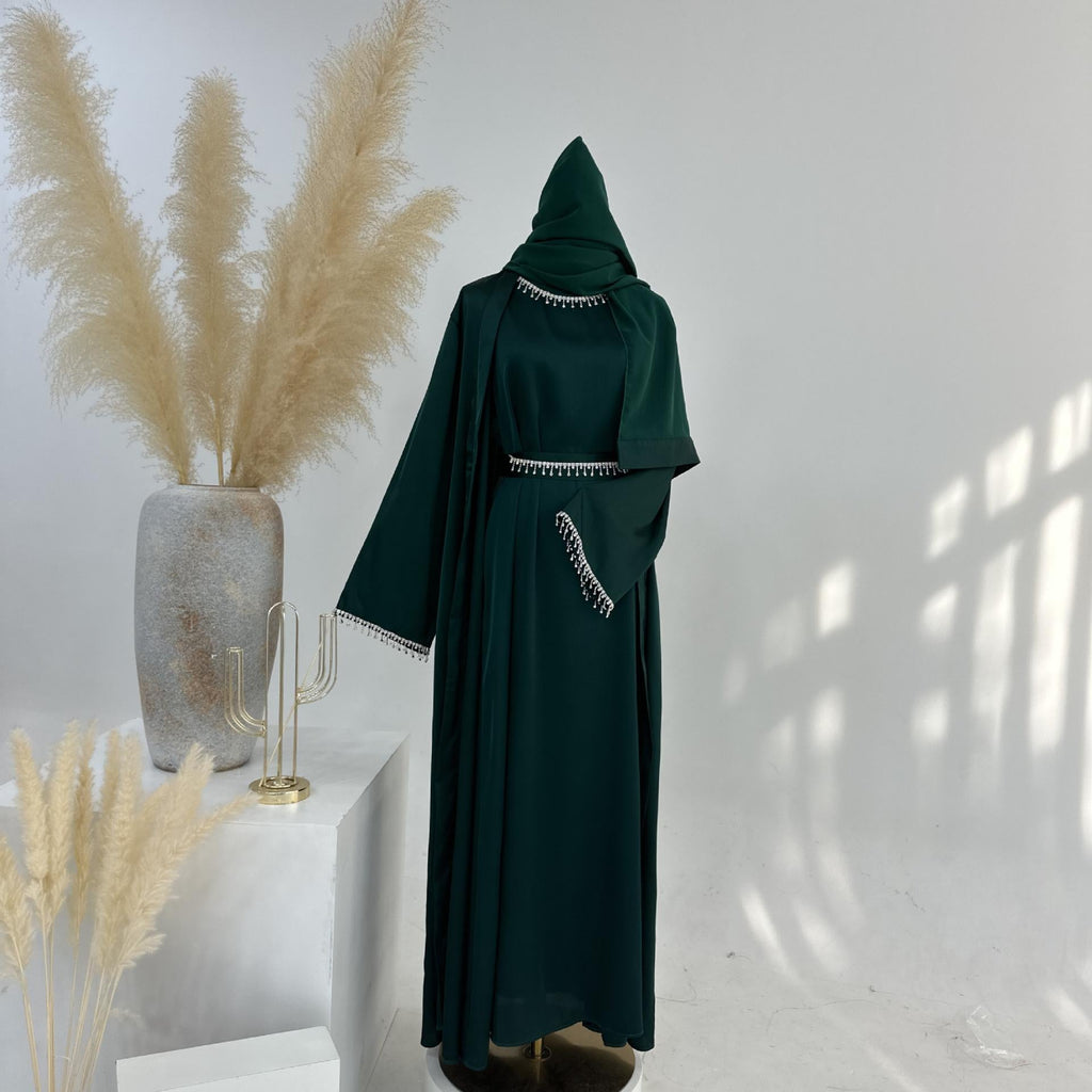 4pcs Set Cardigan+without  Sleeves Inner Dress+Crystal Chain+Hijab