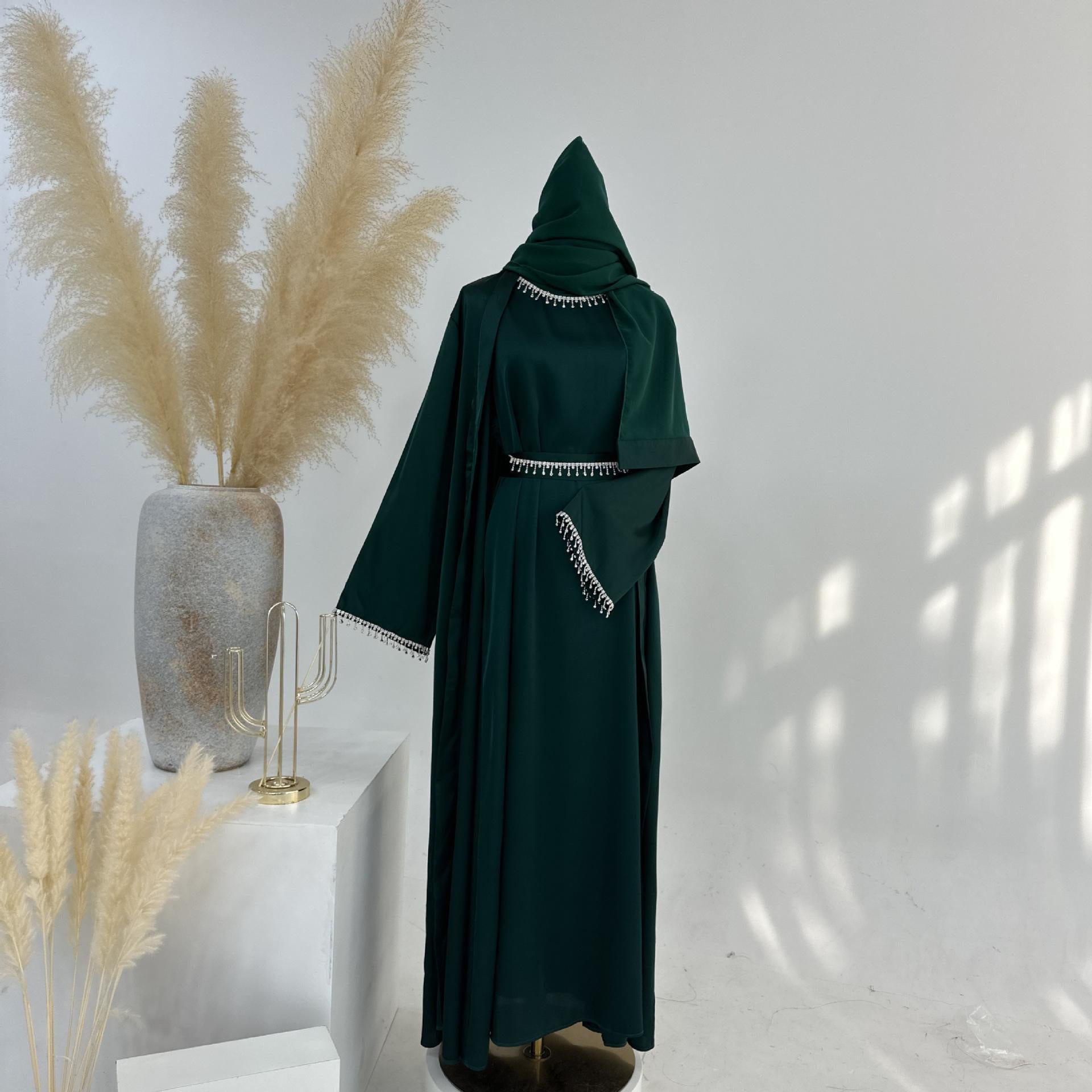 4pcs Set Cardigan+without  Sleeves Inner Dress+Crystal Chain+Hijab