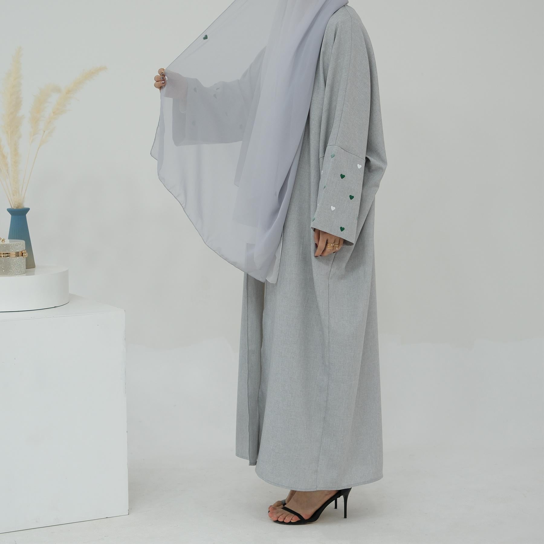 2pcs Set Heart Embroidered Cardigan Robe and Love Hijab