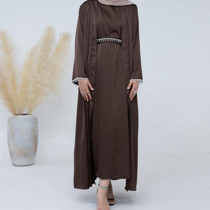 4pcs Set Cardigan+without  Sleeves Inner Dress+Crystal Chain+Hijab
