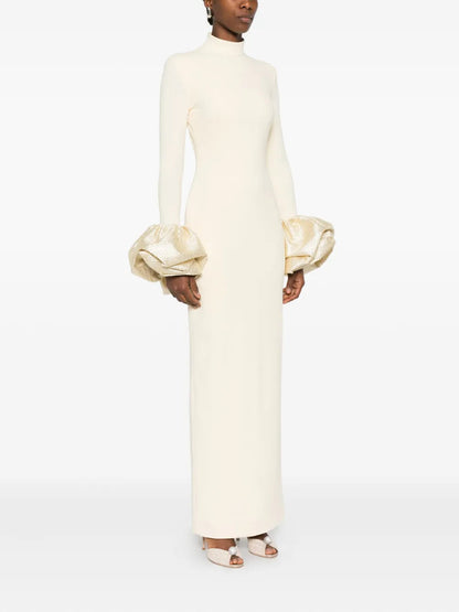 rachel white ruffled crystal-embellished crepe mock-neck gown