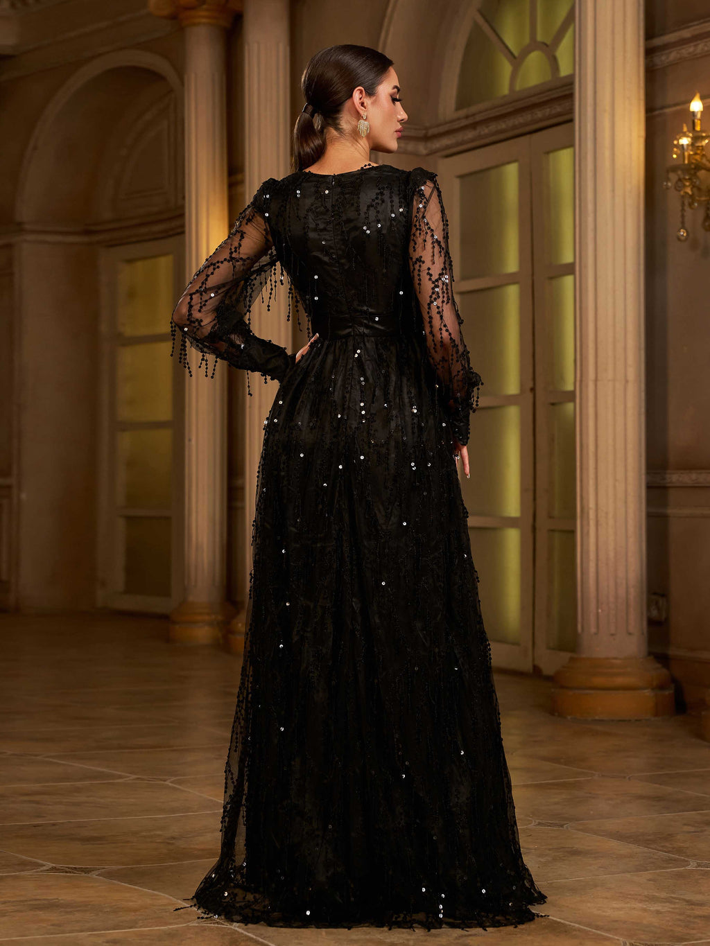 Sequin Fringed Bowknot Prom Dress