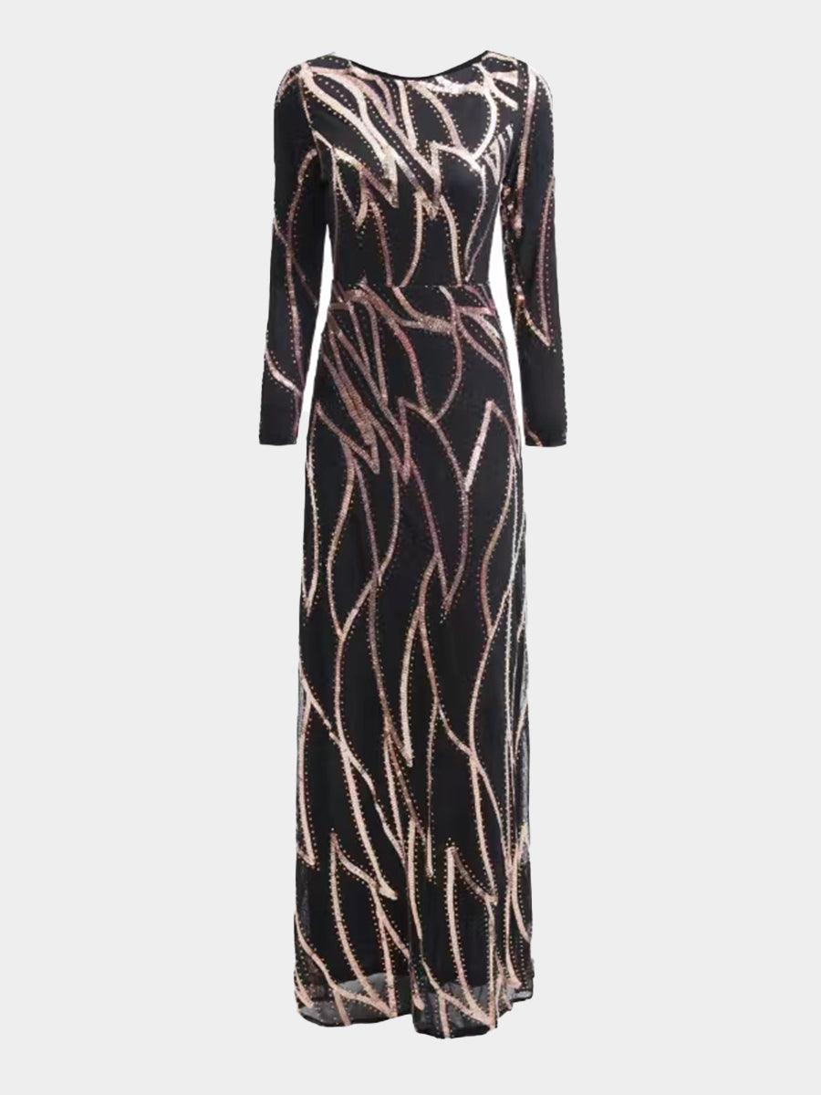 A-Line Long Sleeve Sequin Black Dress