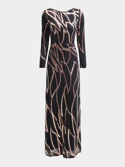 A-Line Long Sleeve Sequin Black Dress