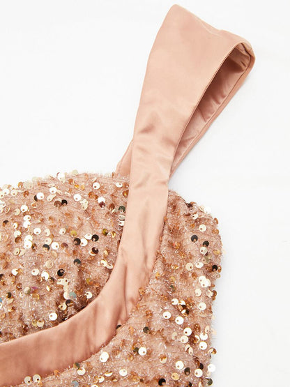 Ribbon Corset Sequin Maxi Prom Dress