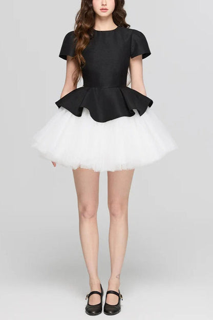 two-tone Velvet ruffle hem puffy mini dress