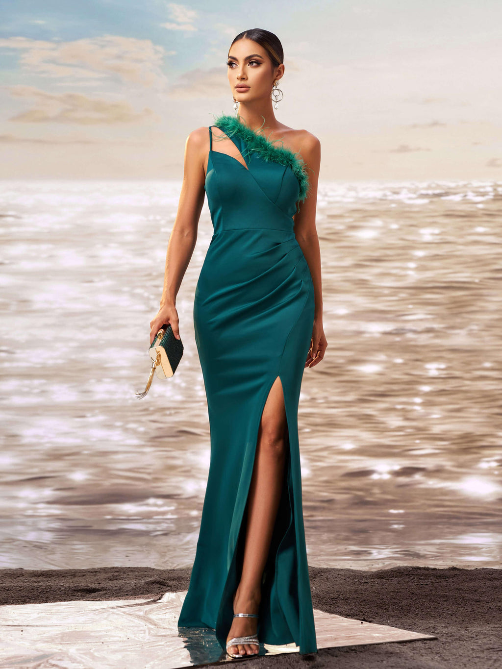 One Shoulder Feather Cutout Formal Dress