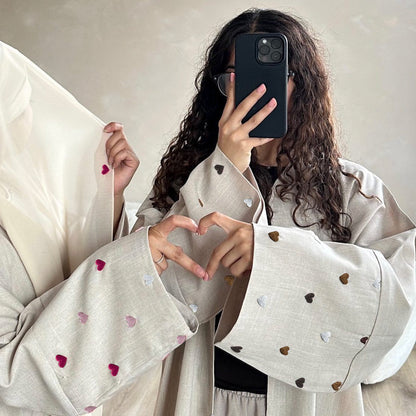 2pcs Set Heart Embroidered Cardigan Robe and Love Hijab