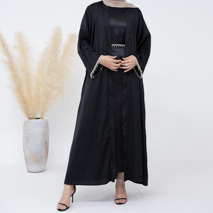 4pcs Set Cardigan+without  Sleeves Inner Dress+Crystal Chain+Hijab