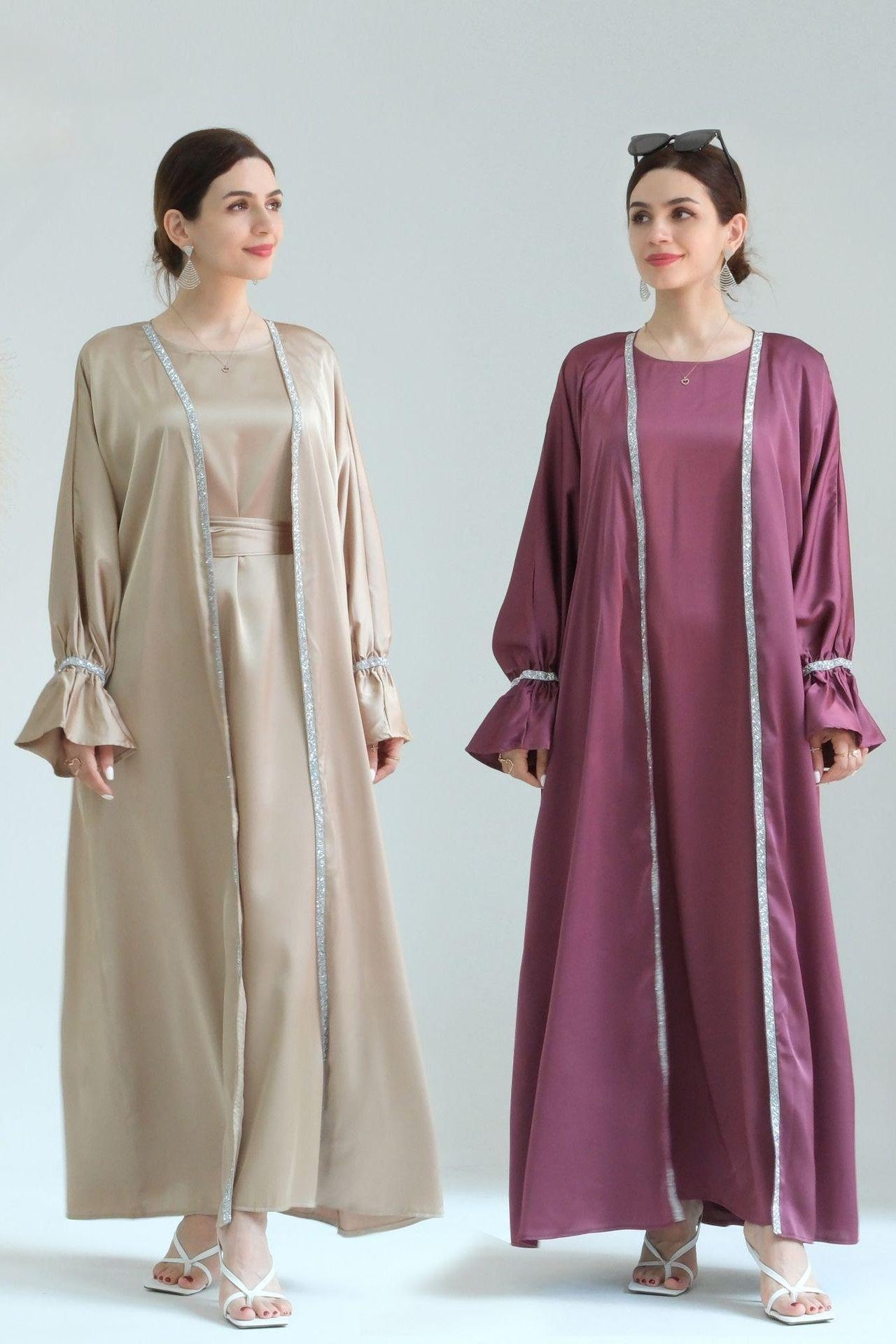Beaded Trumpet Sleeve Robe and Sleeveless Skirt with Inside Two-piece Suit
